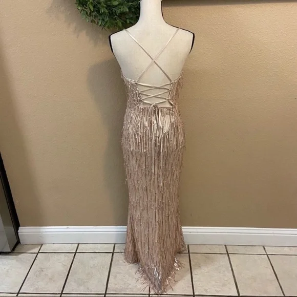 Endless Festivities Rose Gold Sequin Fringe Lace-Up Maxi Dress - Picture 9 of 15
